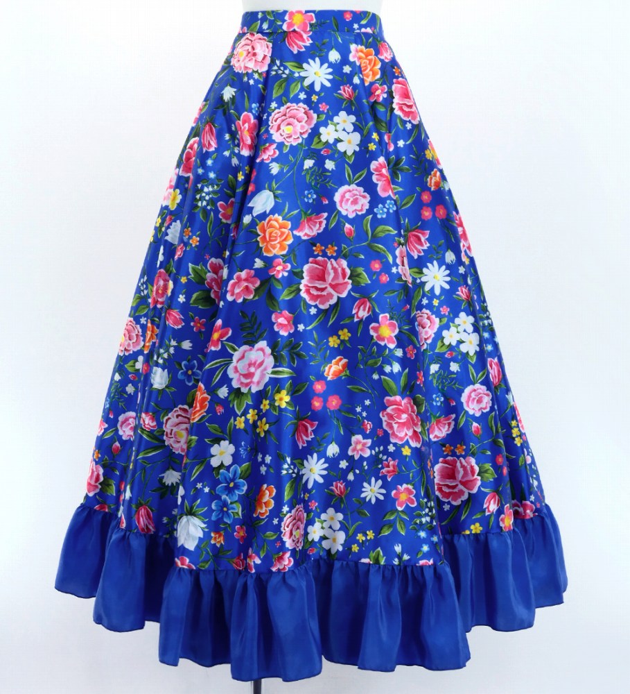 フラメンコ フリル ロングサーキュラースカート 花柄 ブルー FS-18