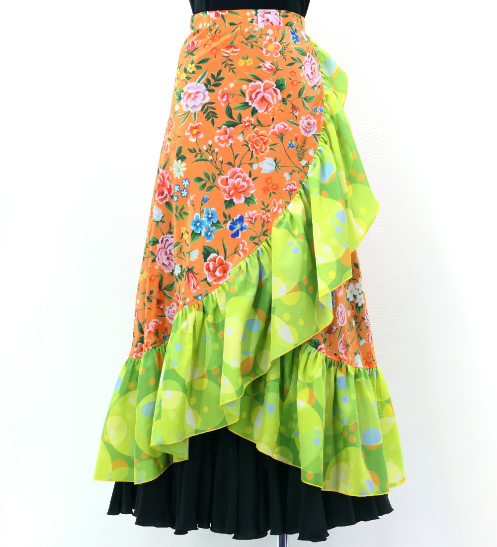 フラメンコ 巻きスカート 花柄×水玉 オレンジ×イエローグリーン FMS-11