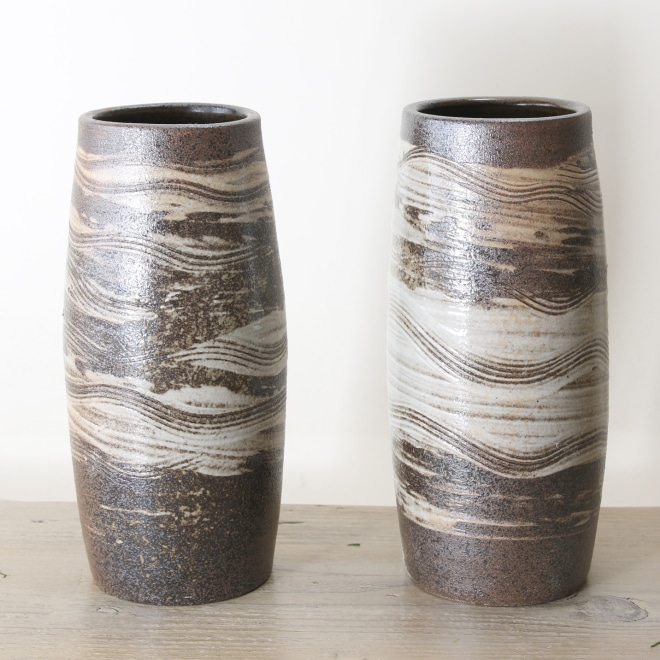 益子焼｜【益子焼】 対の花器 炭化焼無地 花入れ 丸筒花瓶 白クシ目