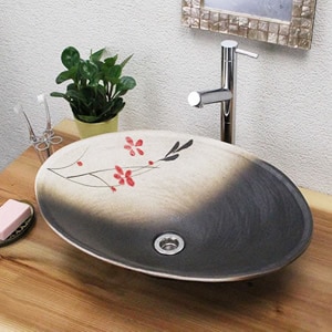 赤絵付き楕円手洗い鉢【大型サイズ】信楽焼き手洗器！陶器の洗面ボウル