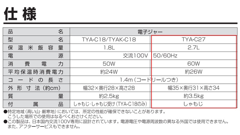 ユアサプライムス.com｜象印マホービン 業務用電子ジャー TYA-C27 2.7
