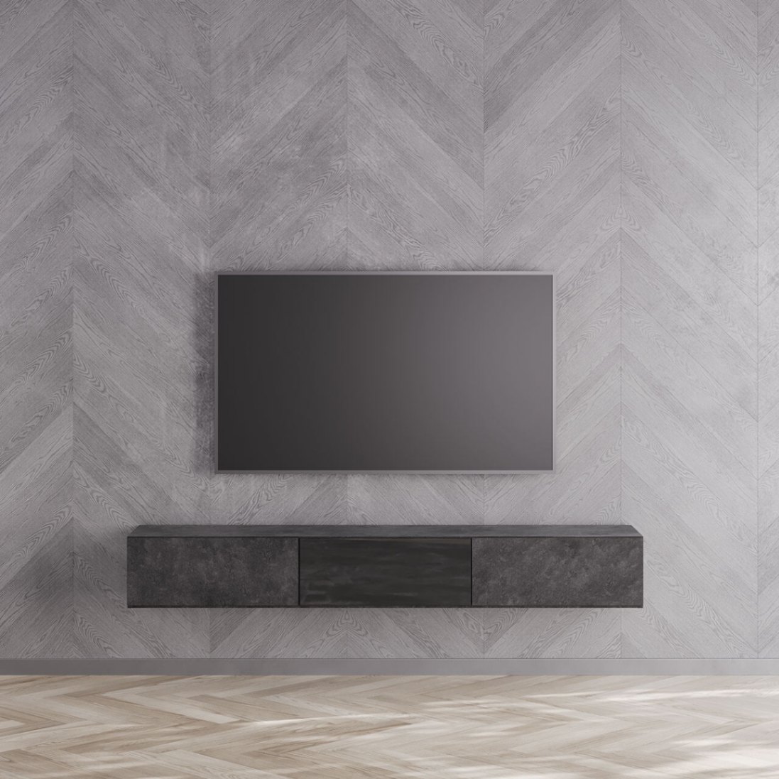 フロートテレビボード 幅180cm 奥行36cm ガラスフラップ扉 壁掛け