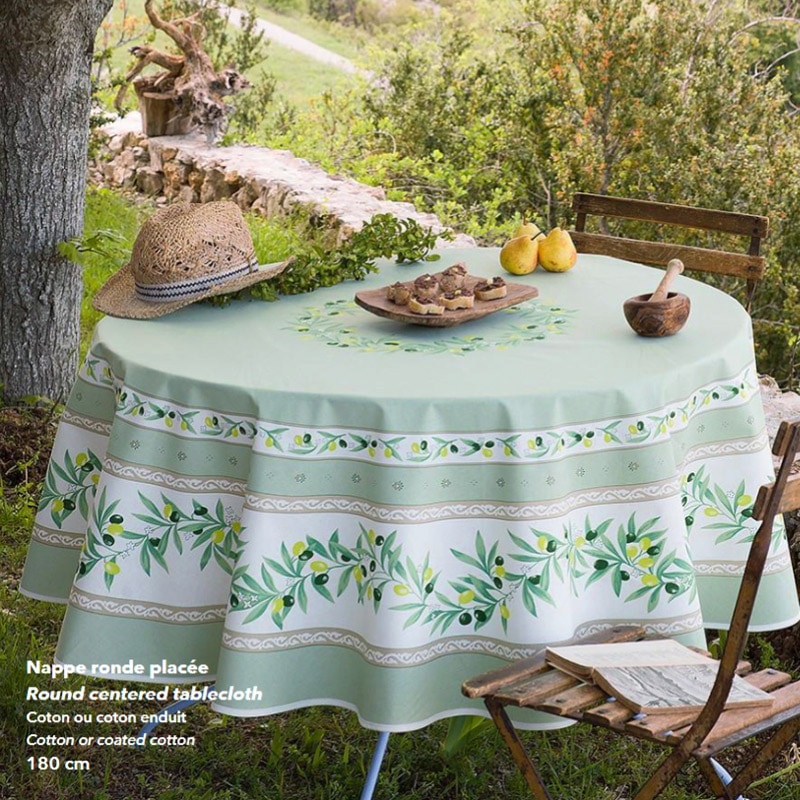 フランス製 コットン撥水テーブルクロス☆オリーブ柄/グリーン 円形