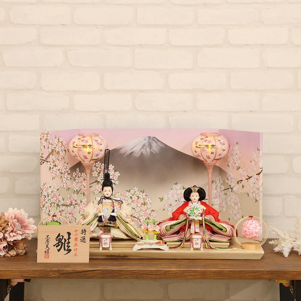 雛人形 うるはし雛 小三五親王 親王飾りピンク富士三曲屏風 横幅60cm