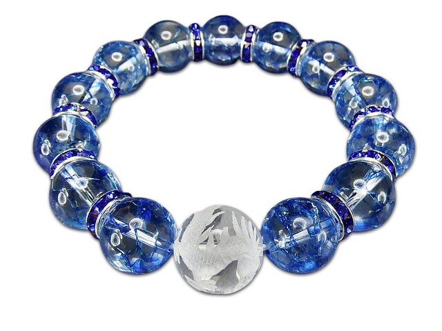ブルークラック水晶風水龍手彫り水晶約16mm大玉天然石ブレスレット