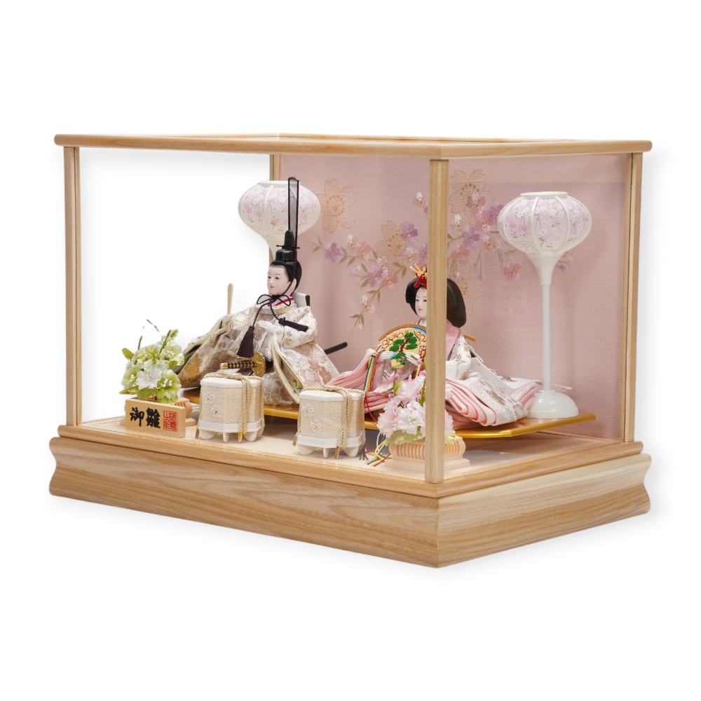 雛人形】小芥子 金襴 白木 親王揃いガラスケース飾り | 河雲作