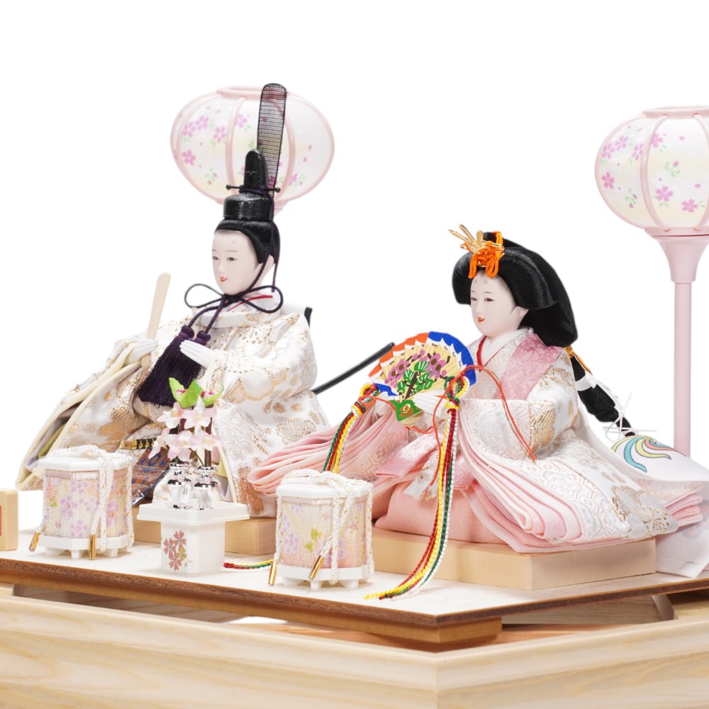 雛人形】小芥子 金襴(白) 白木 親王揃いガラスケース飾り | 河雲作