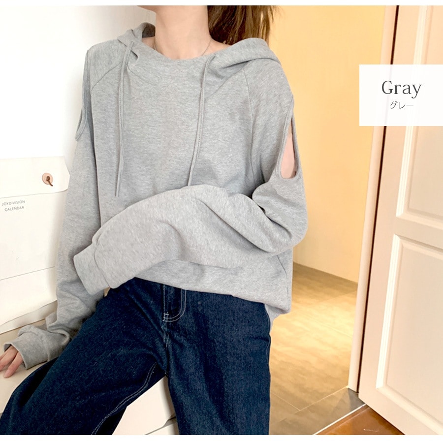 カットソー 肩出し フード付き 薄手 長袖 トップス ロンT パーカー
