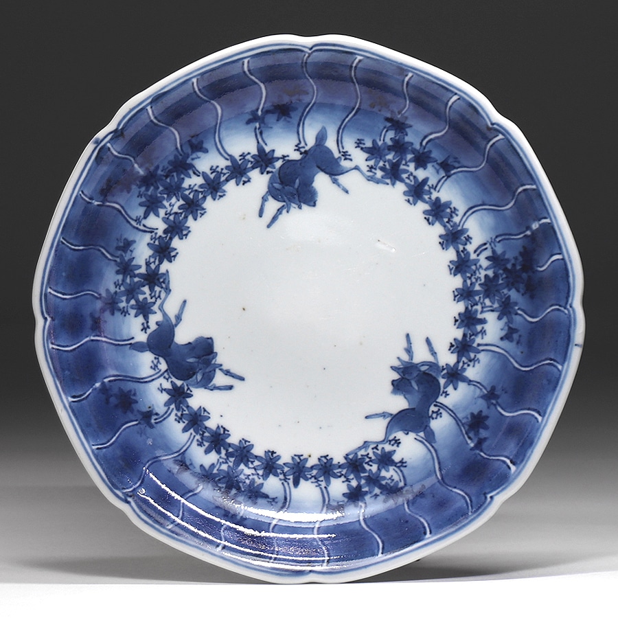 江戸時代後期 古伊万里 染付 鳳凰に牡丹唐草文様 大皿 兜皿 径 約40.8