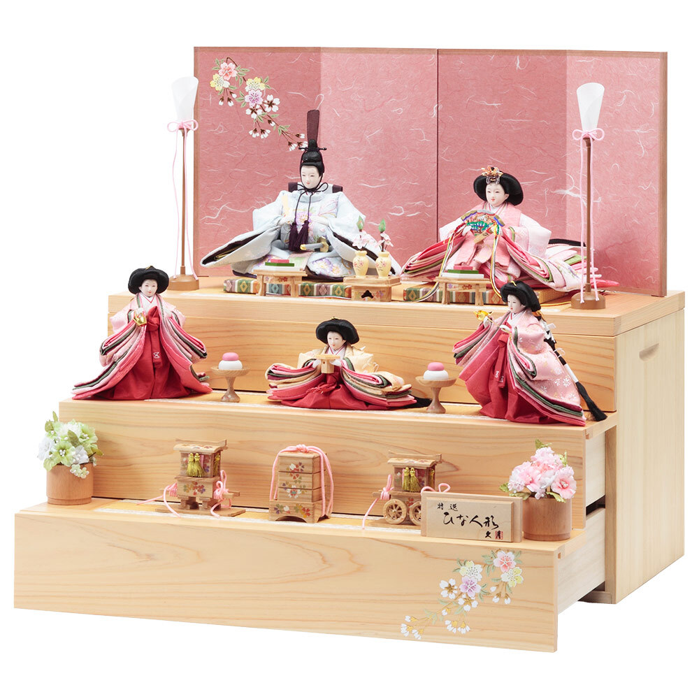 収納三段 親王官女飾り 銘木シリーズ 檜 引き出し式 4HR-N51-Z