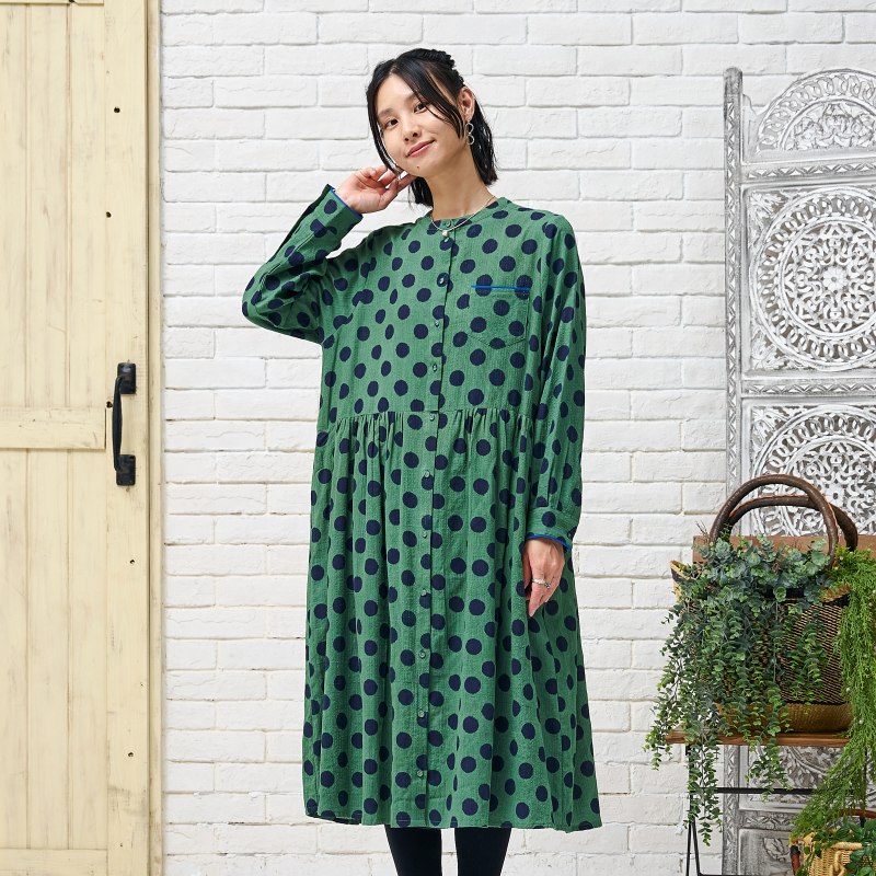 ステッチ×ドットブロックプリント前あきワンピース｜マライカ公式通販
