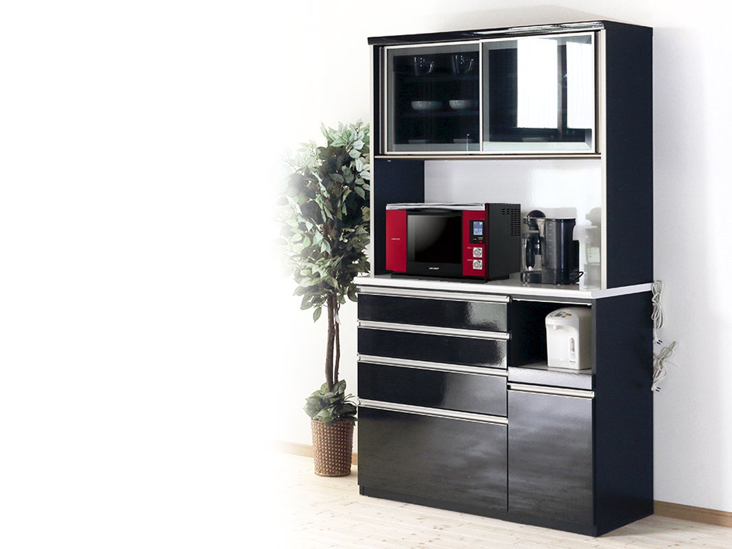 食器棚 キッチンボード 幅120 艶やかな黒 美しい鏡面ハイカウンター