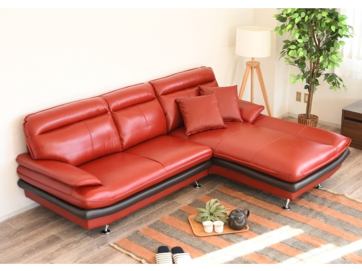 本革張り カウチソファー 3人掛け ワインレッド カウチソファ 赤