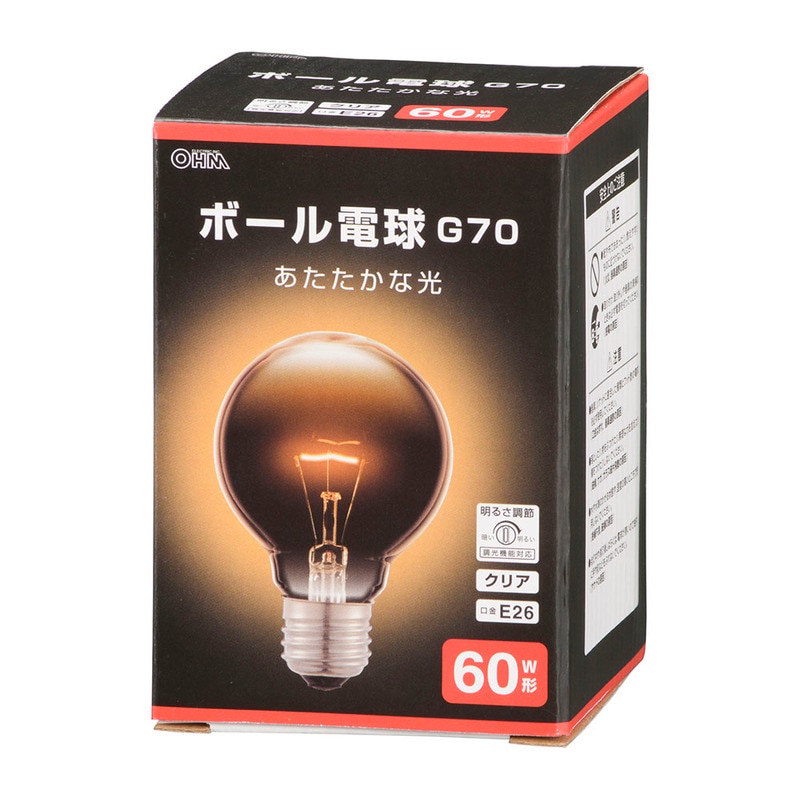 ボール電球 E26 60W形 G70 クリア｜LB-G7660K-CN 06-0869｜通販なら