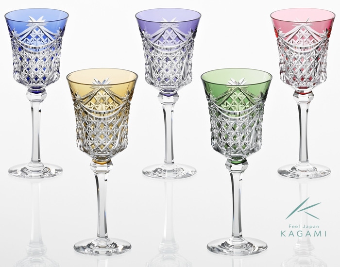 江戸切子・ペアワイングラス 笹っ葉に四角籠目 紋 KPS810-2250-AB