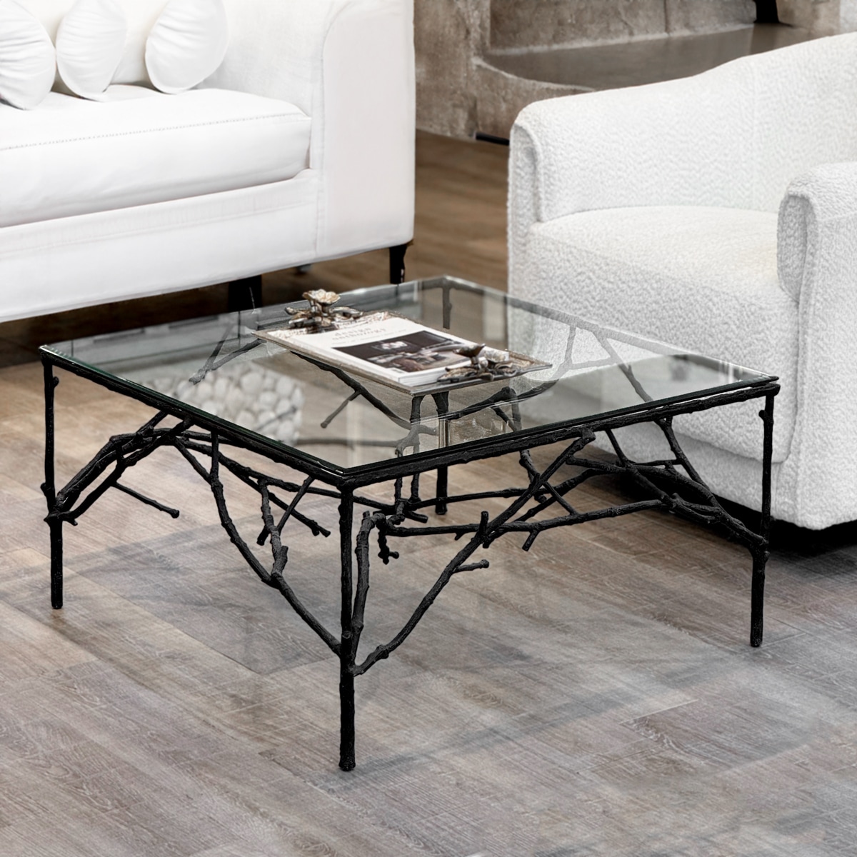 ブランチモチーフ アイアン×ガラス ローテーブル 77cm | 全ての商品