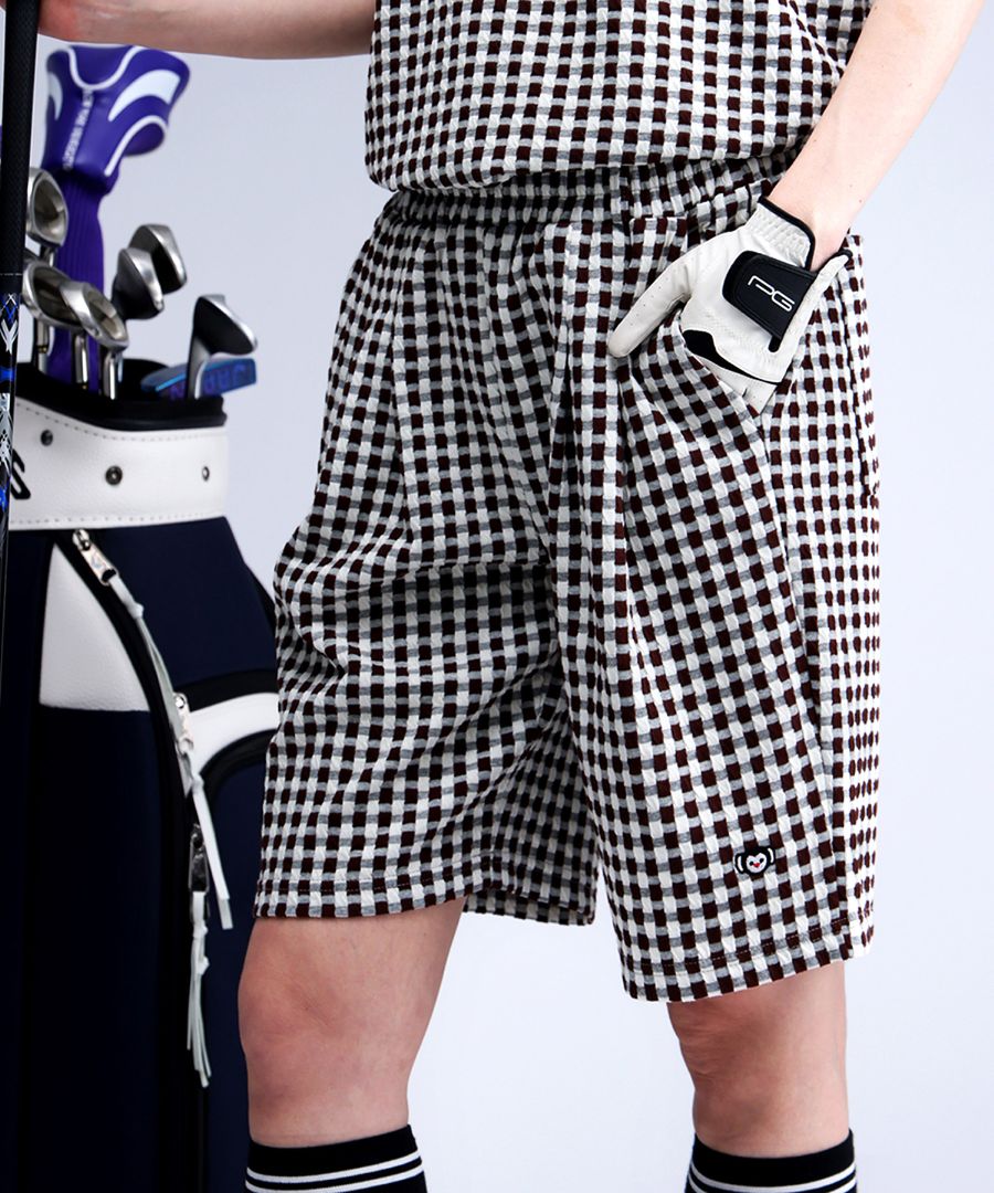 チェック柄ハーフパンツ レディース ロゴ刺繍 ゴルフ 送料無料・(500