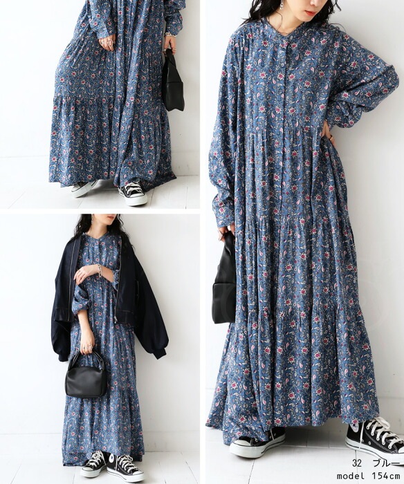 ペイズリー柄 ティアードワンピース ワンピース 長袖 送料無料・再再販