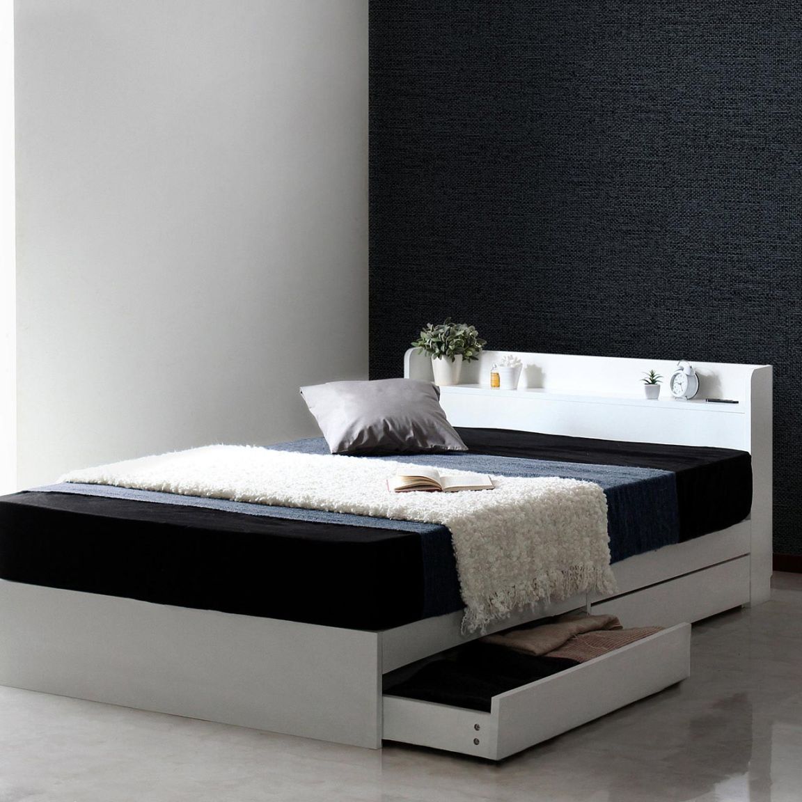 RUES【ルース】棚・コンセント付き収納ベッド | スタンザインテリア