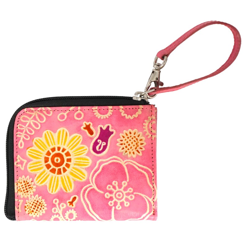 山羊革 L字ファスナー財布 ミモザと花柄（ピンク） | 第3世界ショップ