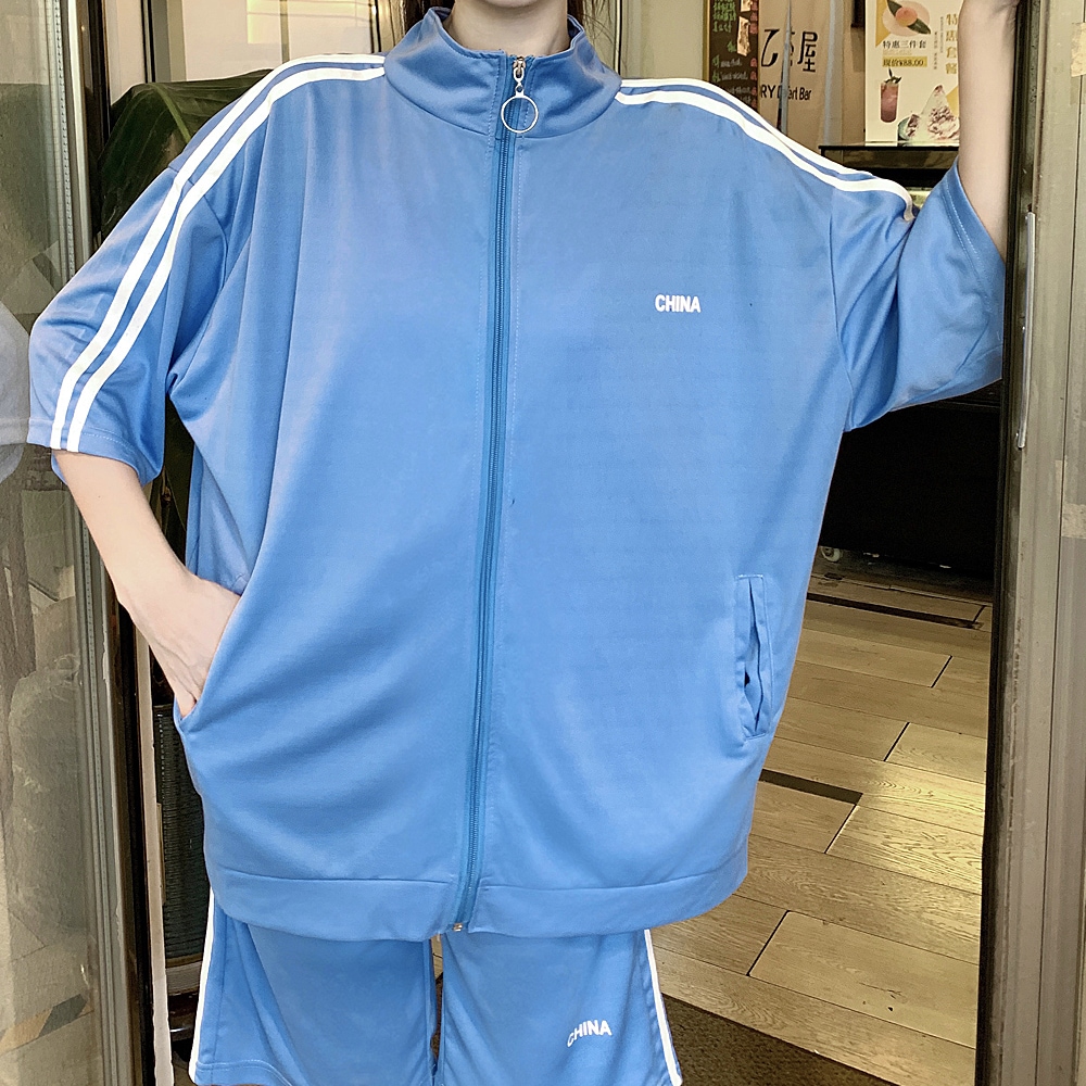 ダブルライン シンプル 半袖ジャージ セットアップ トラックジャケット