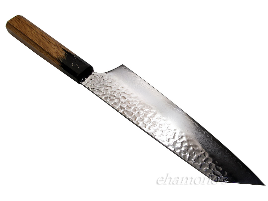 堺孝行 V金10号ダマスカス33層鎚目 剣型牛刀（切付牛刀）190 樫漆黒伸