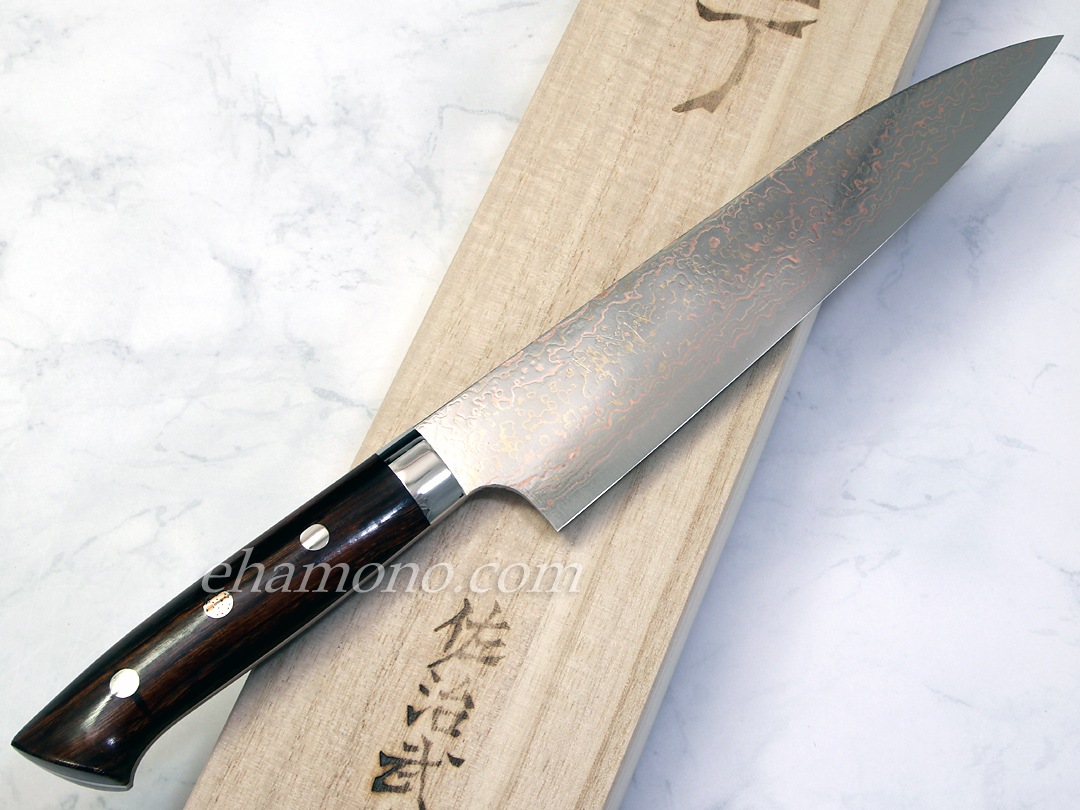 佐治武士作 V金10号W有色ダマスカス 牛刀210 アイアンウッドハンドル