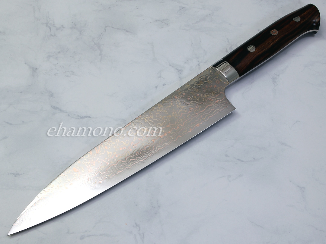 佐治武士作 V金10号W有色ダマスカス 牛刀210 アイアンウッドハンドル
