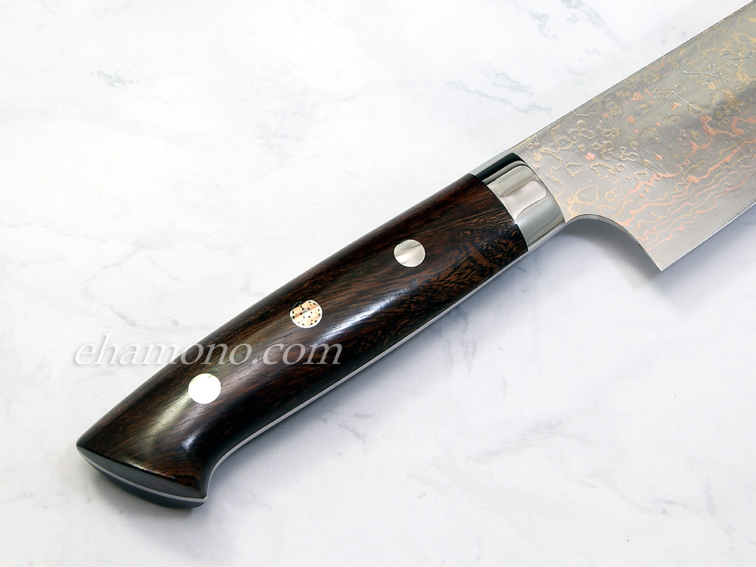 佐治武士作 V金10号W有色ダマスカス 牛刀210 アイアンウッドハンドル