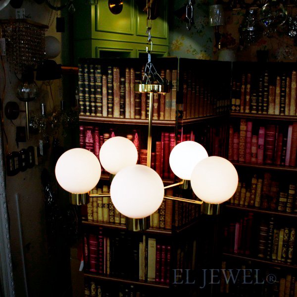 ミッドセンチュリースタイル・ガラスボールシェード照明 5灯 ゴールド