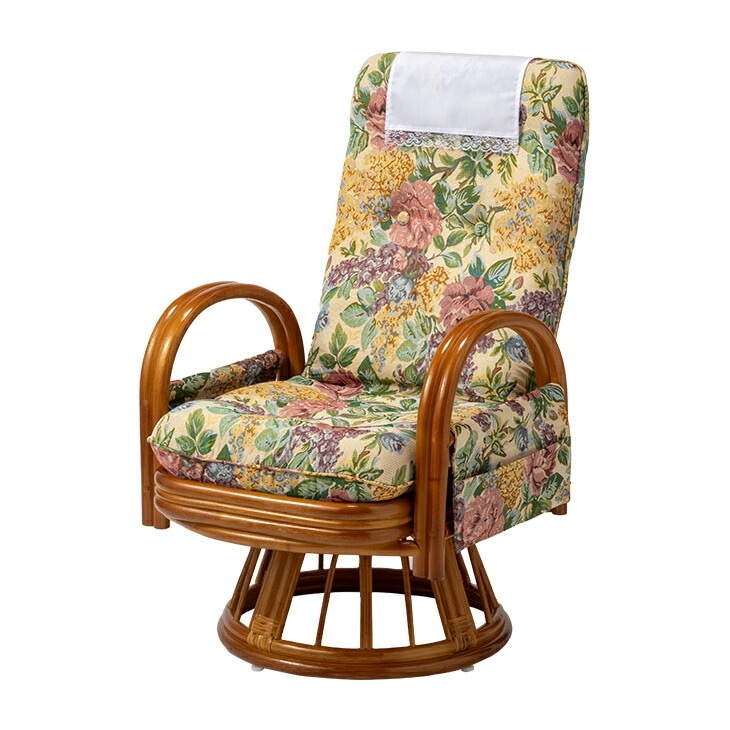 天然籐 リクライニングハイバック回転座椅子 サイドポケット付き