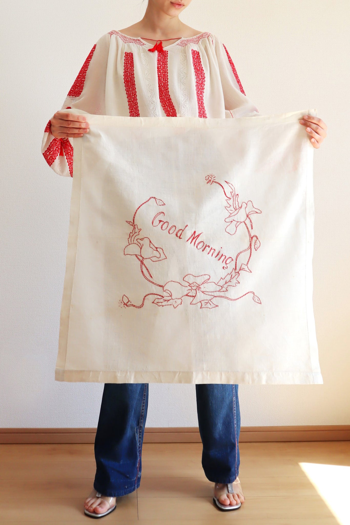 19th Victorian Red Work Layover Sham Good Morning – makky