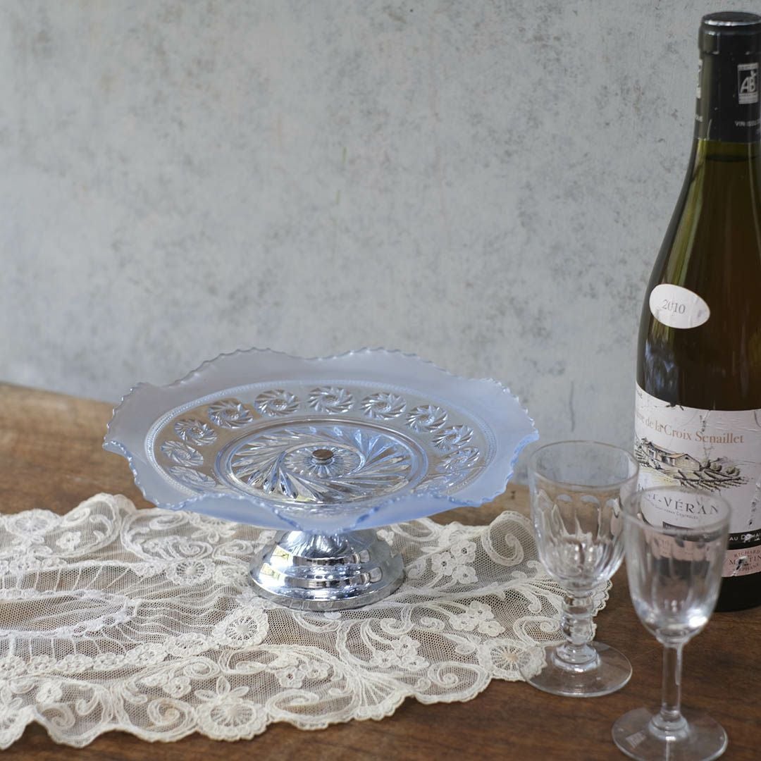 ヴィンテージケーキスタンド ガラスコンポート 青いガラス イギリスの