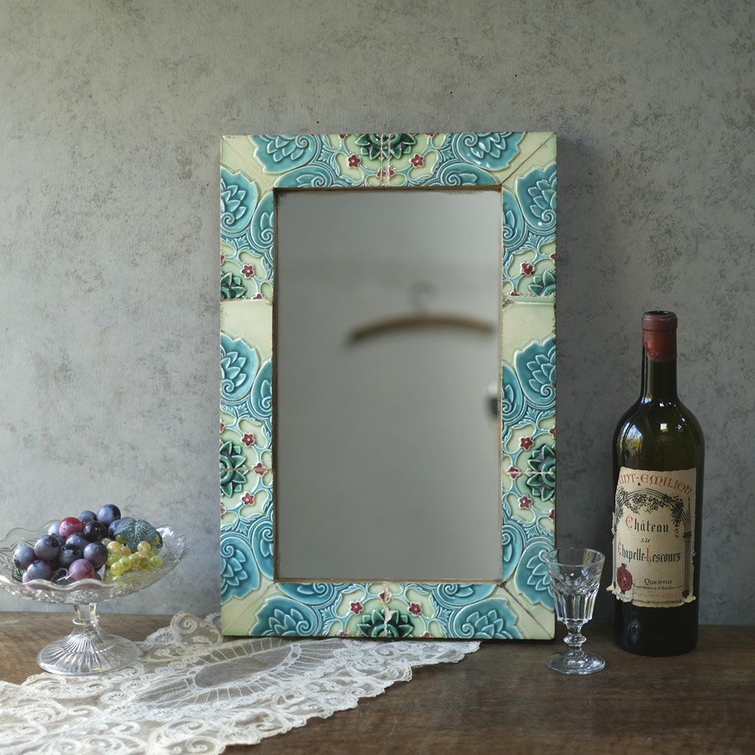 アンティークマジョリカタイルミラー 大正レトロな鏡 花柄 日本&インド