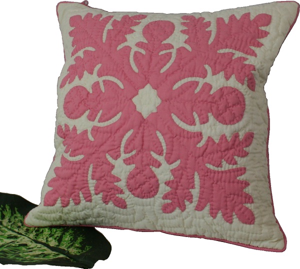 ハワイアンキルトグッズ クッションカバー 『パンの木 ホワイト×ピンク