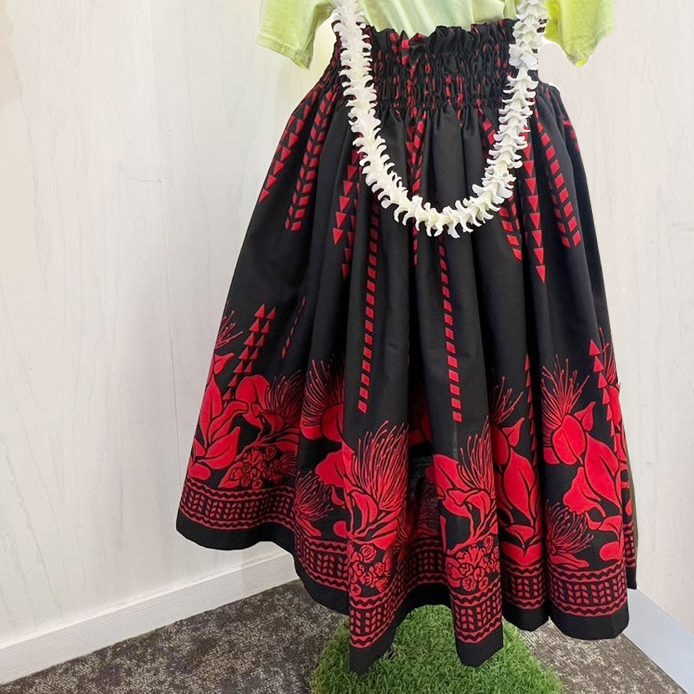 パウスカートシングル大人用 ブラック レッド タパ レフア柄