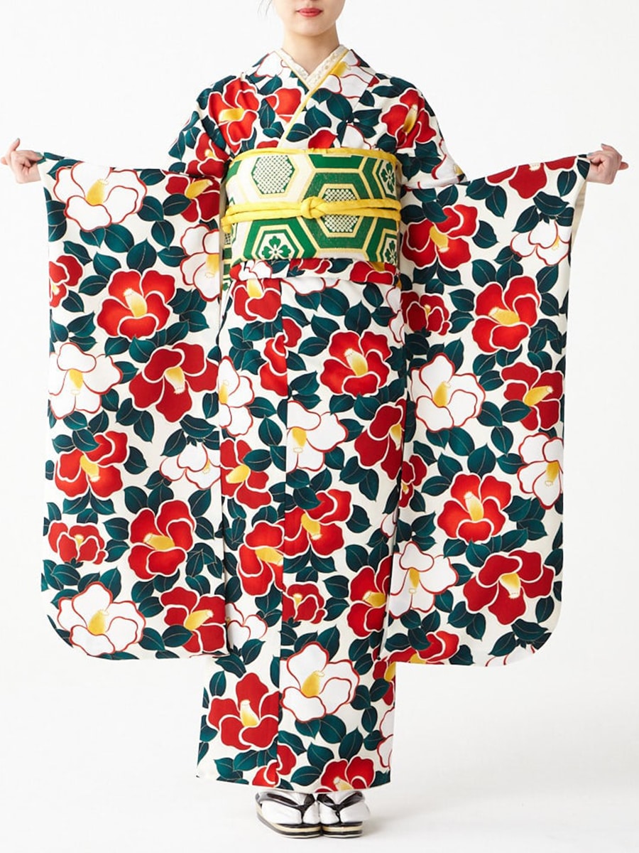 レンタル振袖【F2708】 レトロ椿(FREE ブラック): ふりふ ｜ミマツ