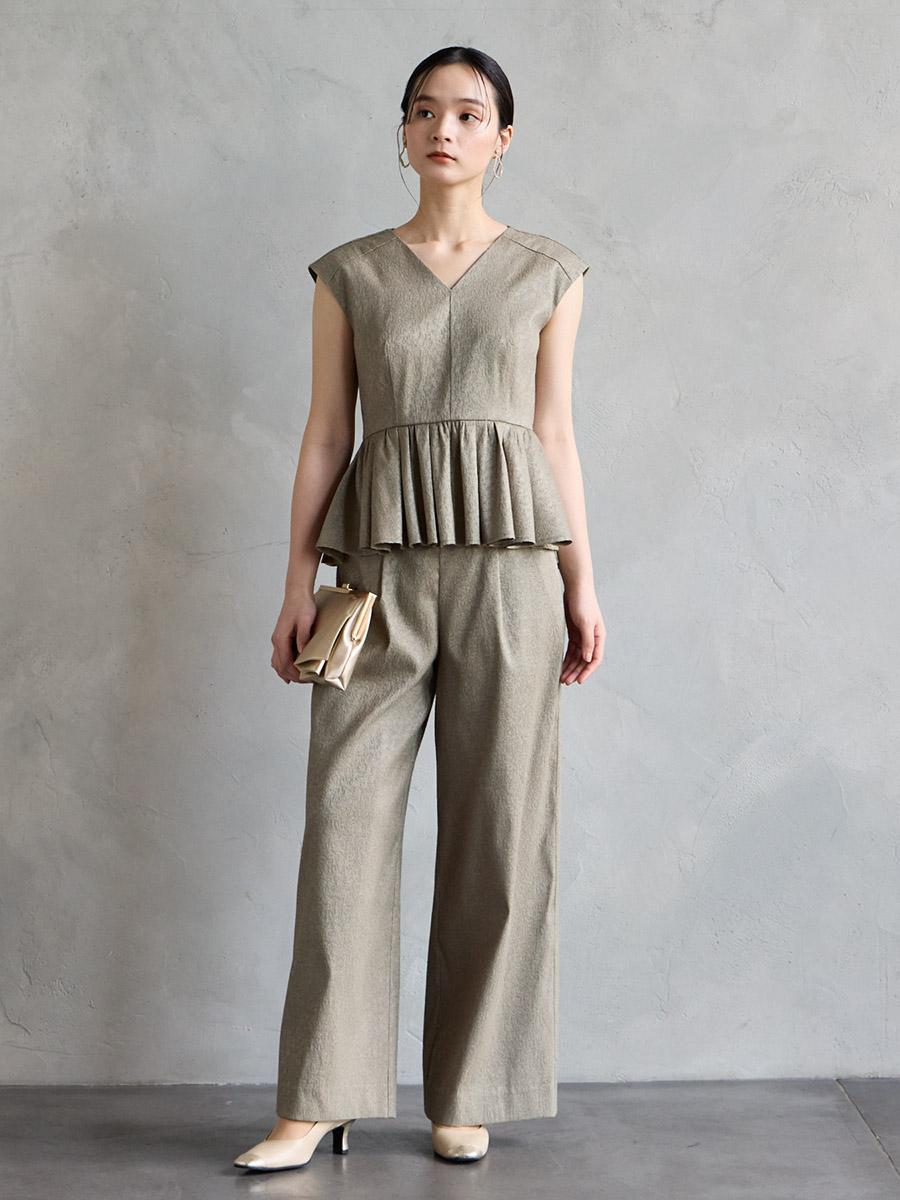 ふくれジャカードVネックペプラムブラウス×ハイウエストパンツ