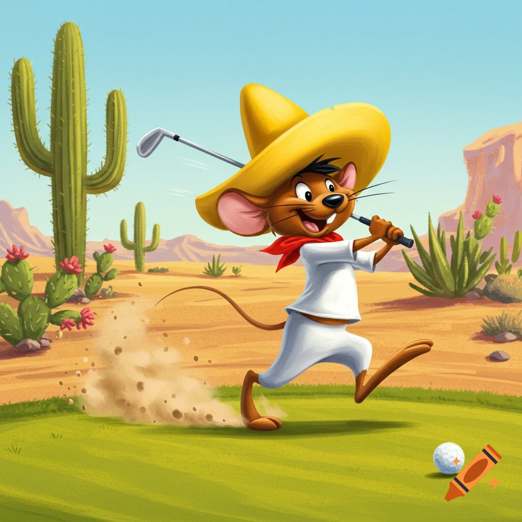 Cartoon character Speedy Gonzales in a sombrero playing golf in a