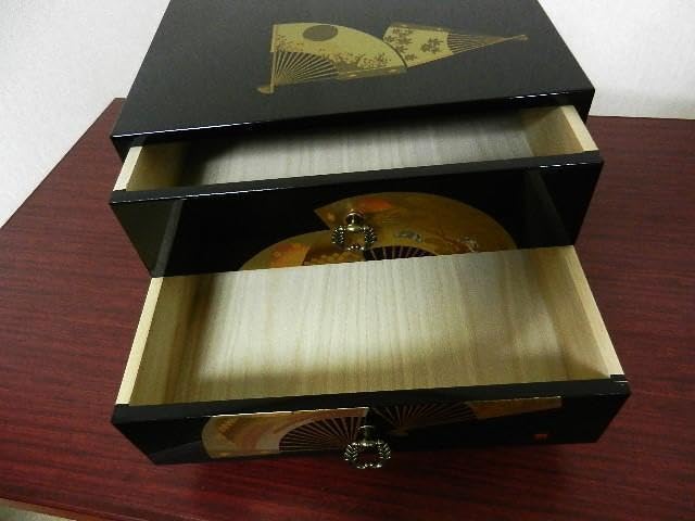 Amazon.co.jp: 会津塗り金彩扇面蒔絵二段小箪笥（小引き出し、小物入れ