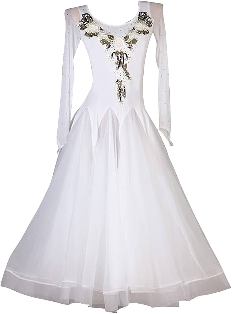 Amazon.co.jp: LNIGHT 社交ダンスドレス 白 刺繍の花柄 ロング