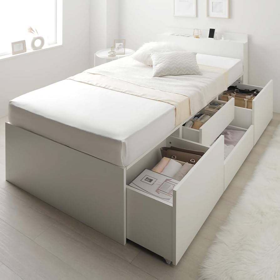 Amazon｜RASIK ベッド 通常丈シングル フレームのみ ホワイト 収納付き