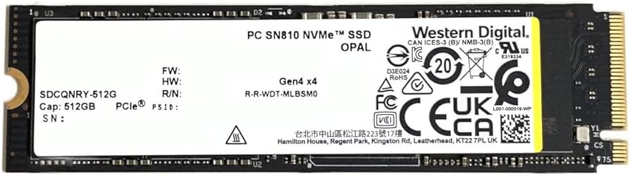Western Digital SSD 512GB PC SN810 SDCQNRY-512G PCIe 4.0 NVMe Opal