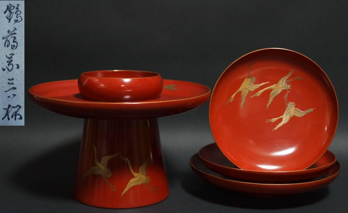 Amazon.co.jp: 明治期輪島塗極上金蒔絵『飛鶴』盃台三ツ組盃揃木製漆