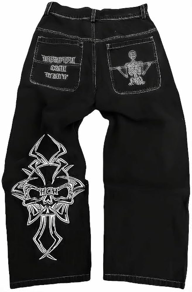 Amazon | 【pt-016-M】 刺繍入り ジーンズ 016 ホワイト刺繍 黒 ワイド