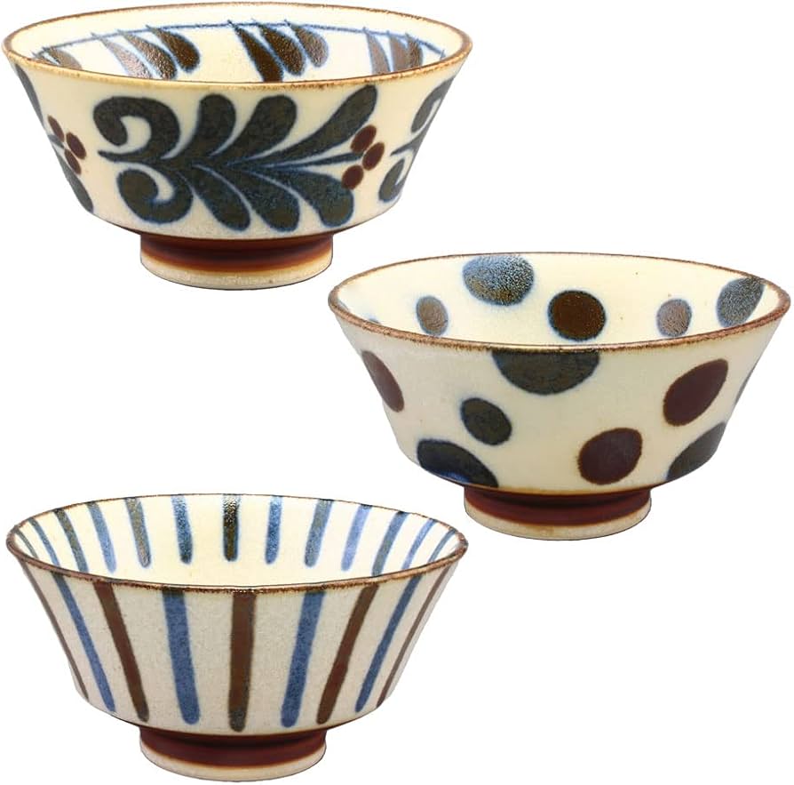 Amazon | 暮らしの彩り 美濃焼 和モダン やちむん風 飯碗 3柄セット 径