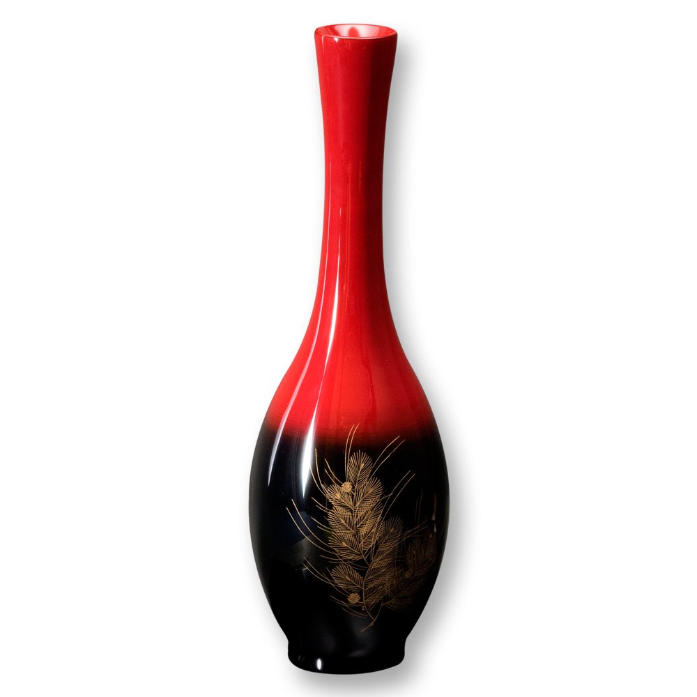 Amazon.co.jp: 輪島塗 花器 鶴首 黒朱ぼかし 彩の松沈金 WA2-5