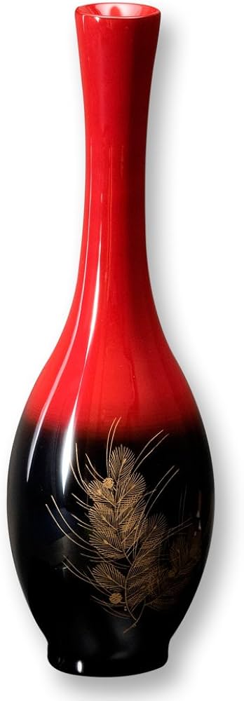 Amazon.co.jp: 輪島塗 花器 鶴首 黒朱ぼかし 彩の松沈金 WA2-5