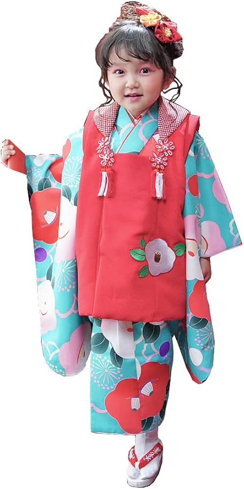 Amazon | 七五三 着物 3歳 販売 三歳 女の子 「 椿 (赤/グリーン