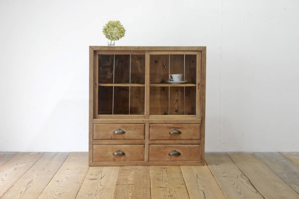 古い木製のガラス戸棚×ミラー付き戸棚×木製小引き出し 古家具 古民家